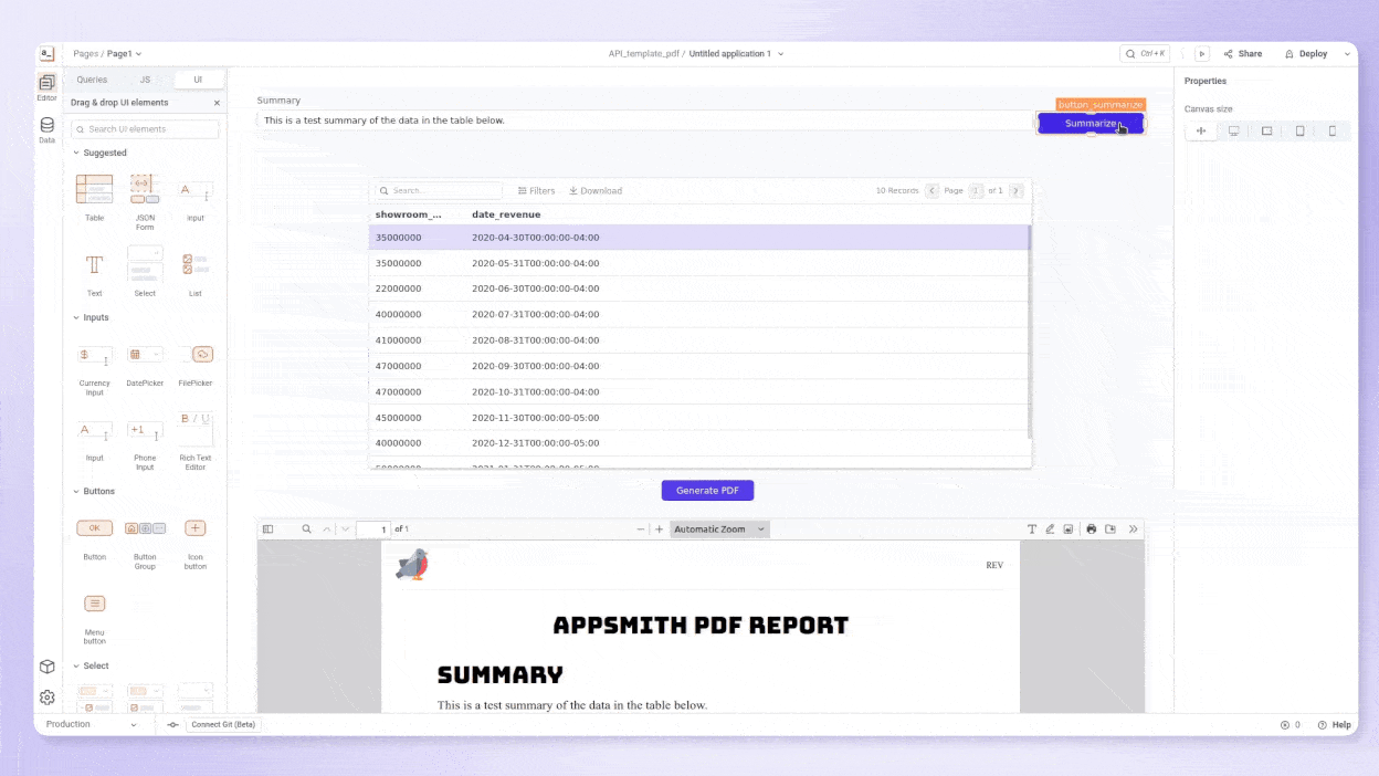 Screen recording showing Appsmith’s AI summarization in action.