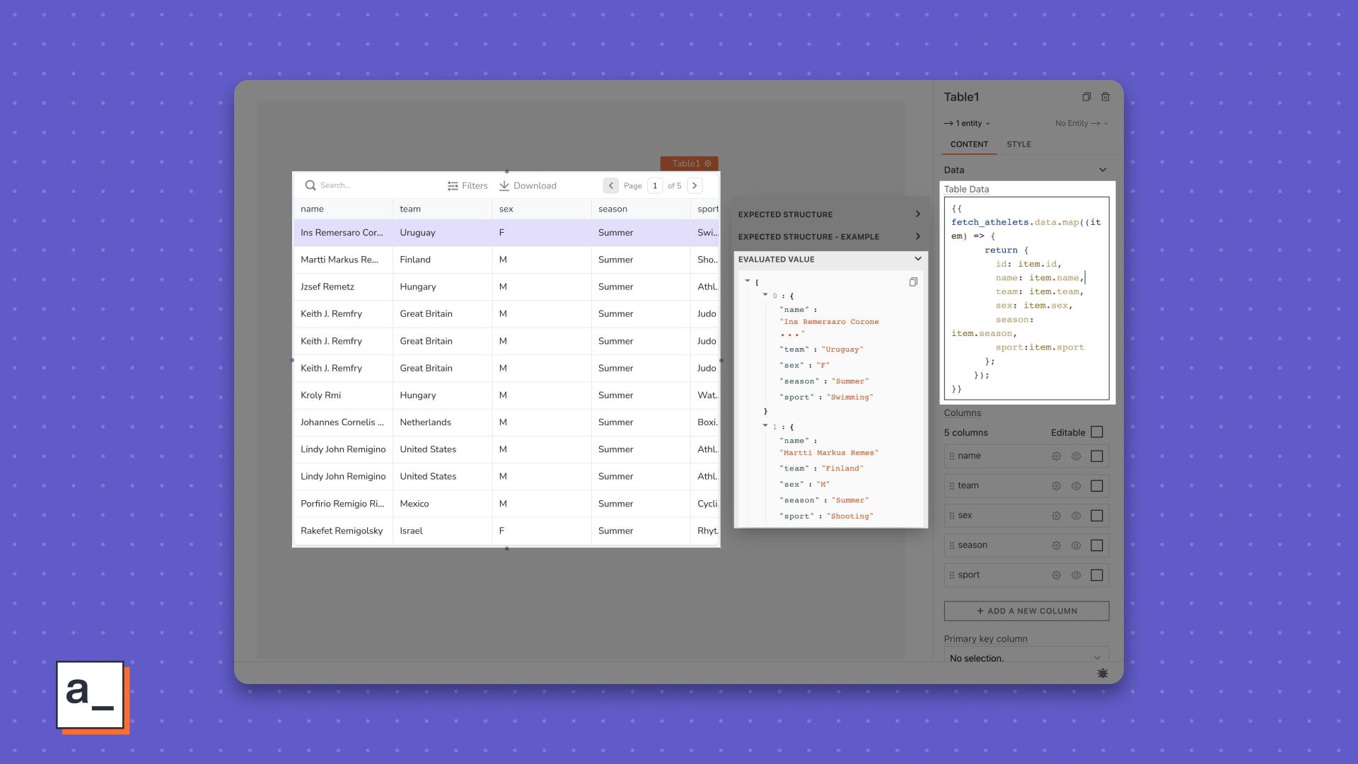 map.() shows the values for just the names of players, the team they belong to, the season, and the sport.