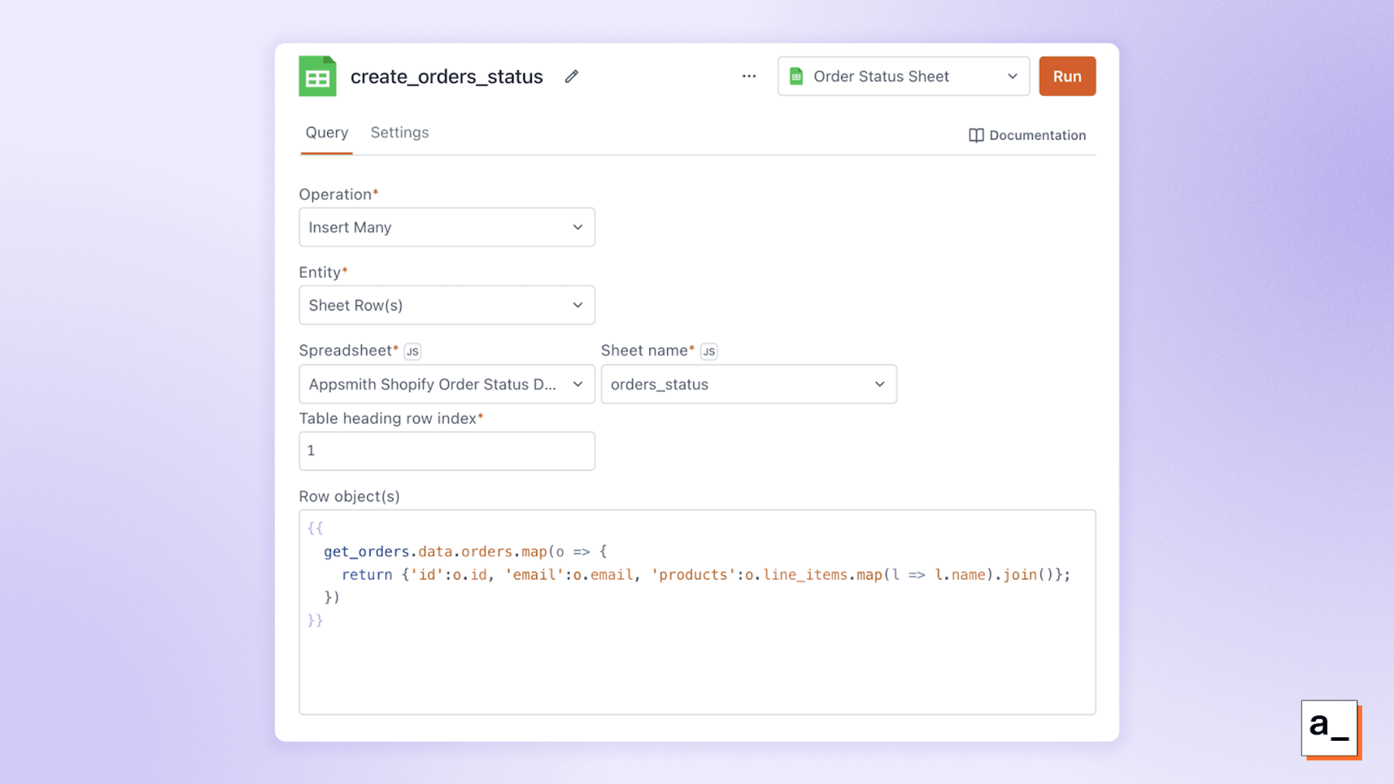 Running a query to save Shopify orders to a Google Sheet.