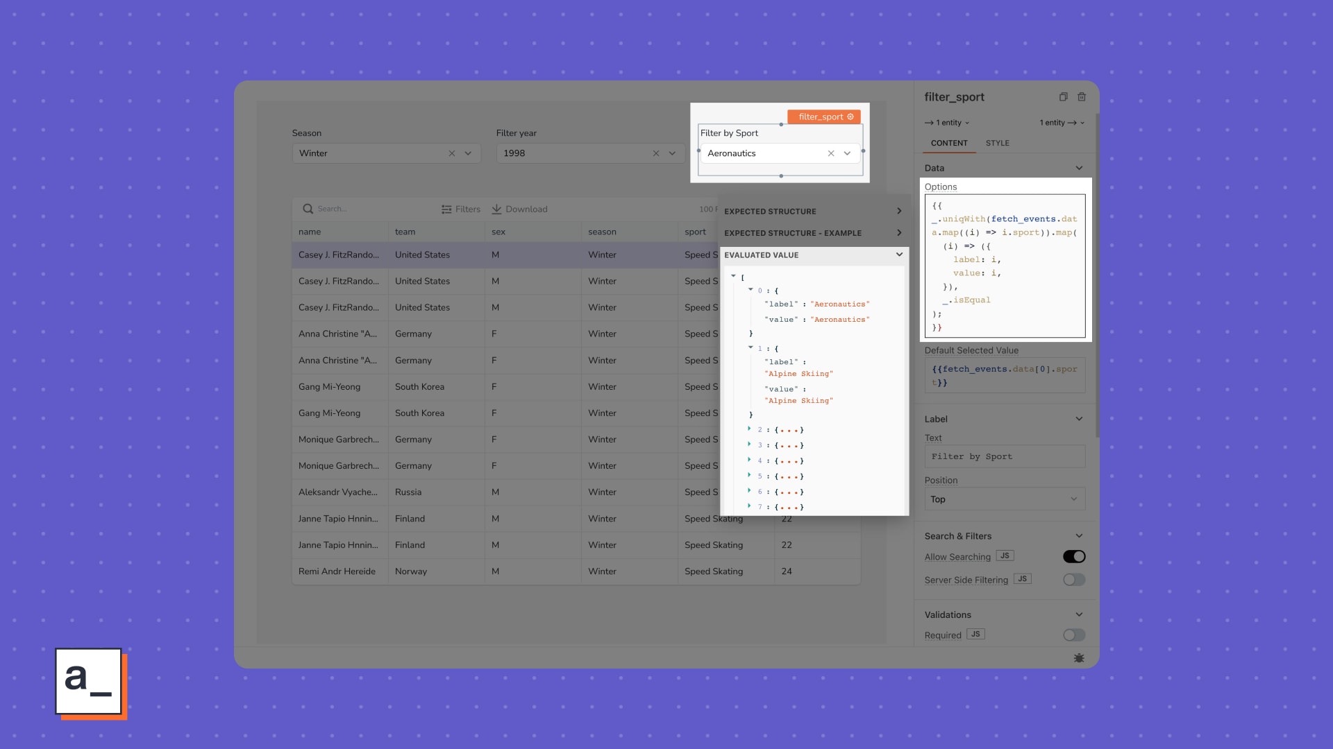 A binded query shows values by the unique names of sports in the Olympics.