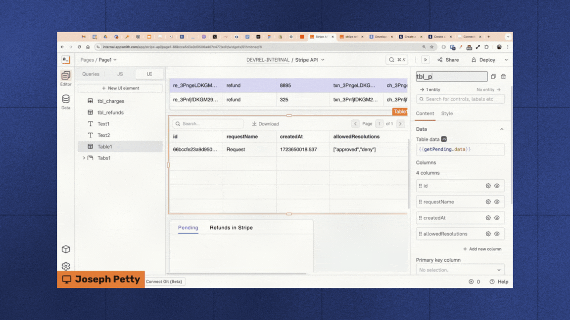 Gif showcasing creating tbl_pending in an Appsmith app.
