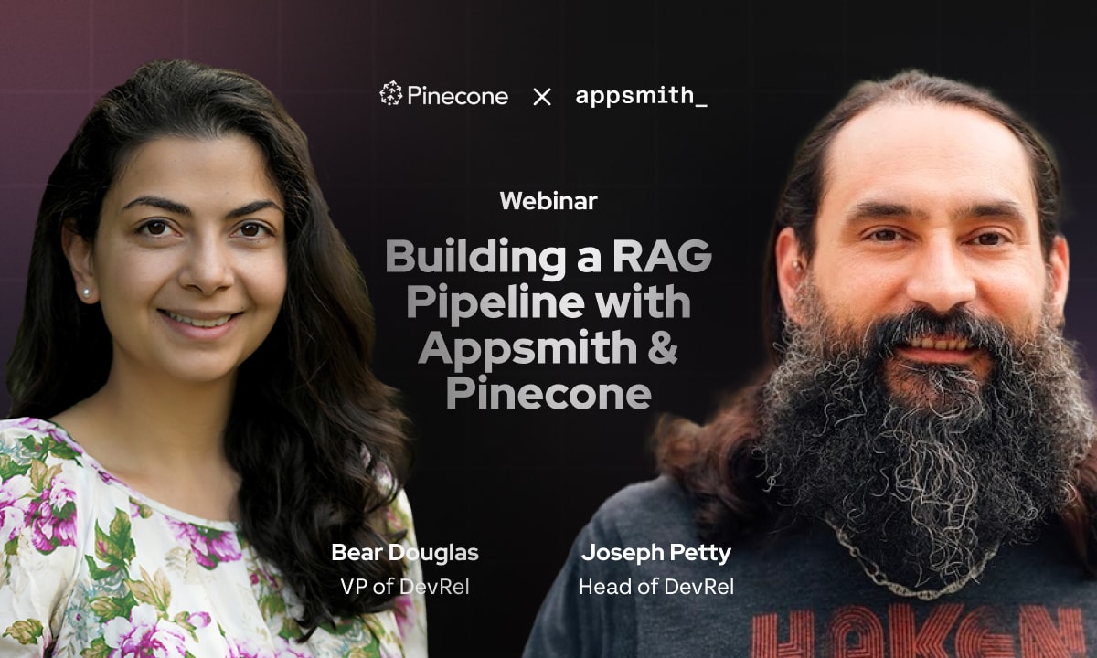 A promo image for a webinar featuring Developer Relations advocates for both Appsmith and Pinecone.