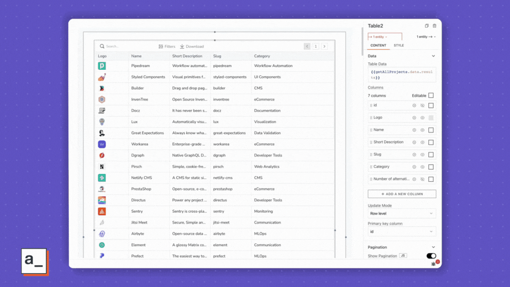 Each row can have a detailed view triggered by a button, icon, or menu.