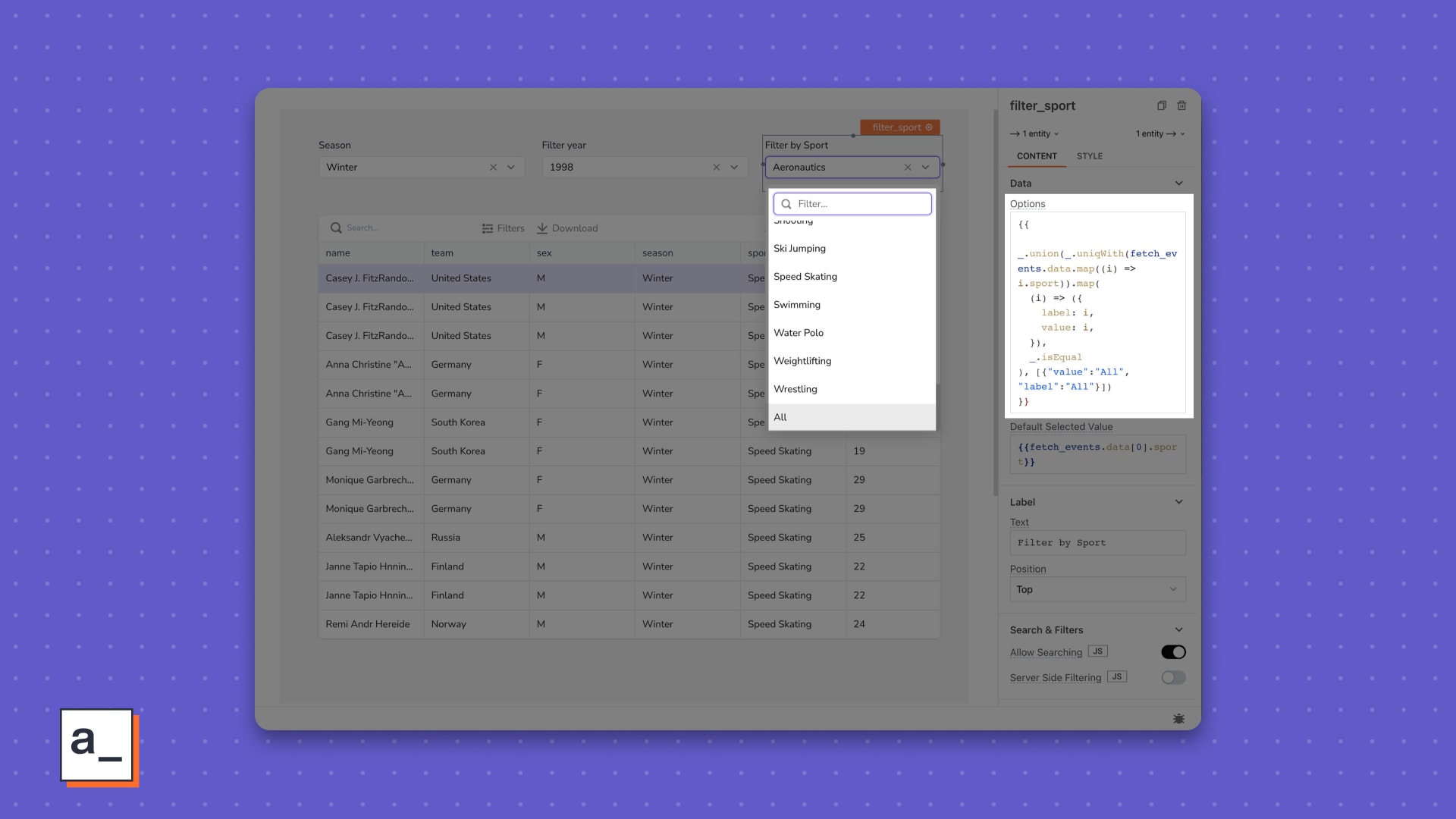 An All option is now present in our Select widget’s list of options.