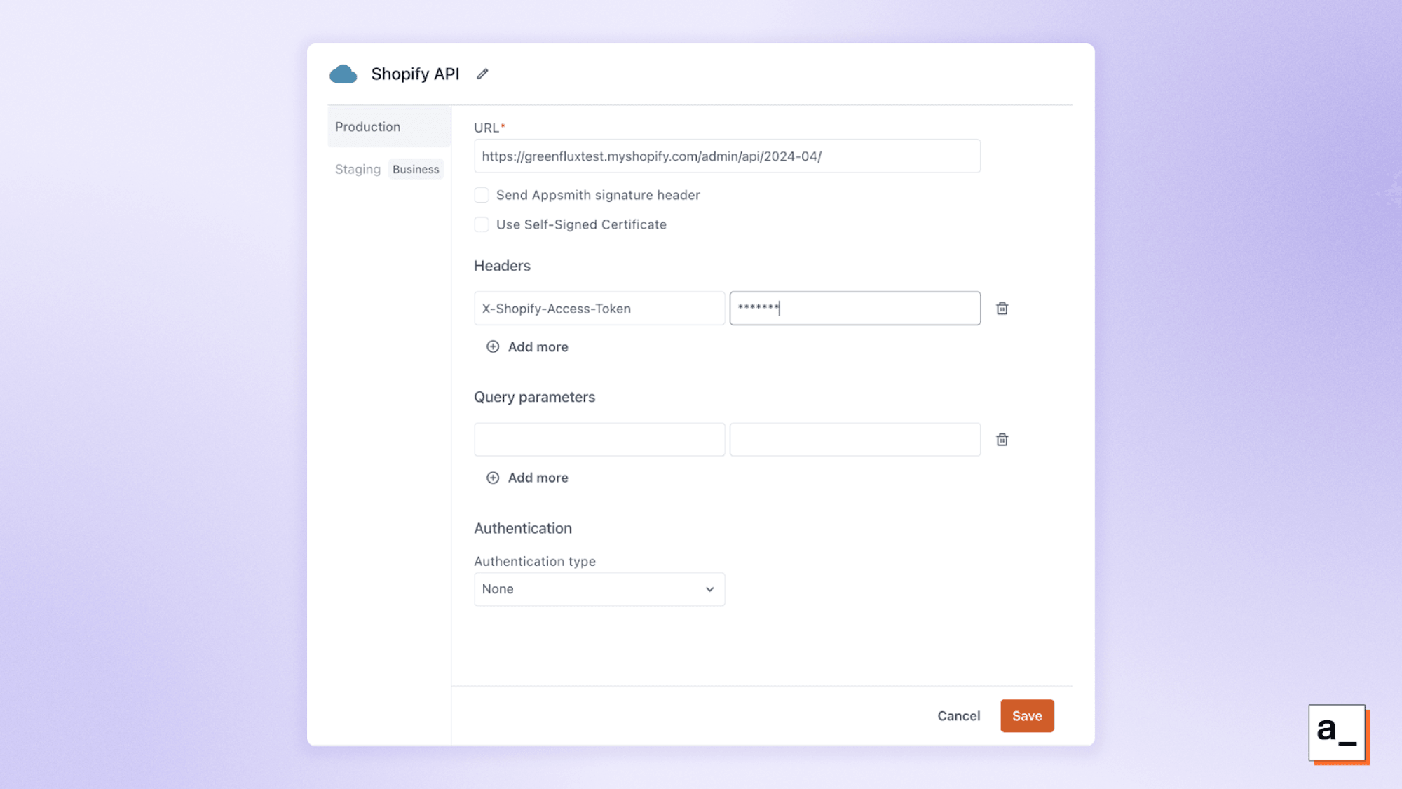The Appsmith interface for adding an authenticated REST API