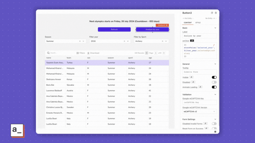 We store the year selected so we can use it later for a chart. The JS Object also includes a showAlert function to inform the selected year was stored successfully.