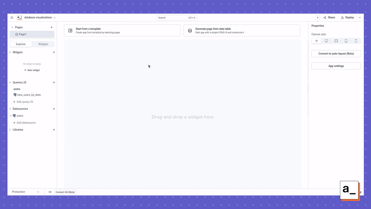 A screen recording showing how to create a new Chart widget in Appsmith to display the data from the previous query.