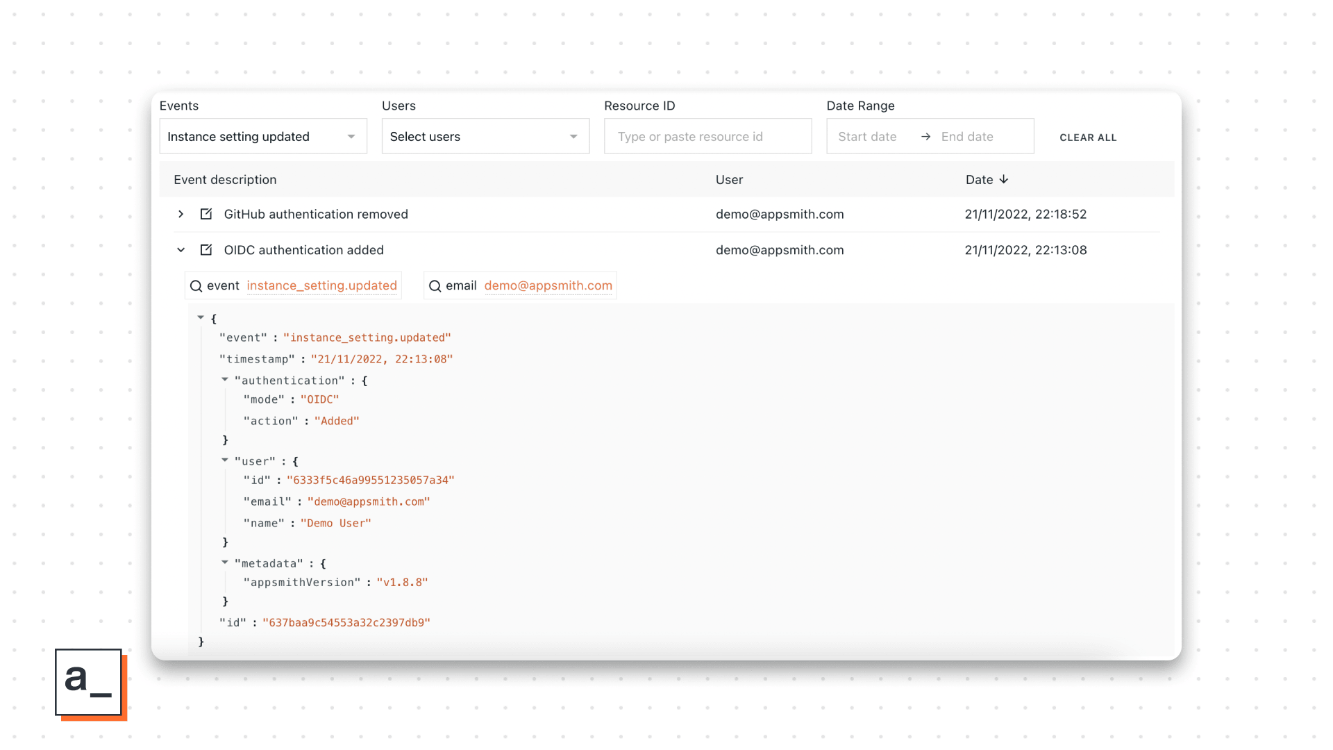 Audit logs, filtered • Appsmith