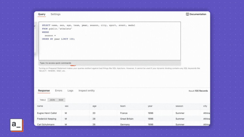 We write a SQL query that includes a JavaScript snippet under the WHERE clause. filter_season is the name of the Select widget and selectedOptionValue is the property that we bind to the query.