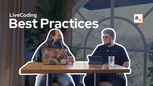 A promo image of two developer relations engineering discussing coding.