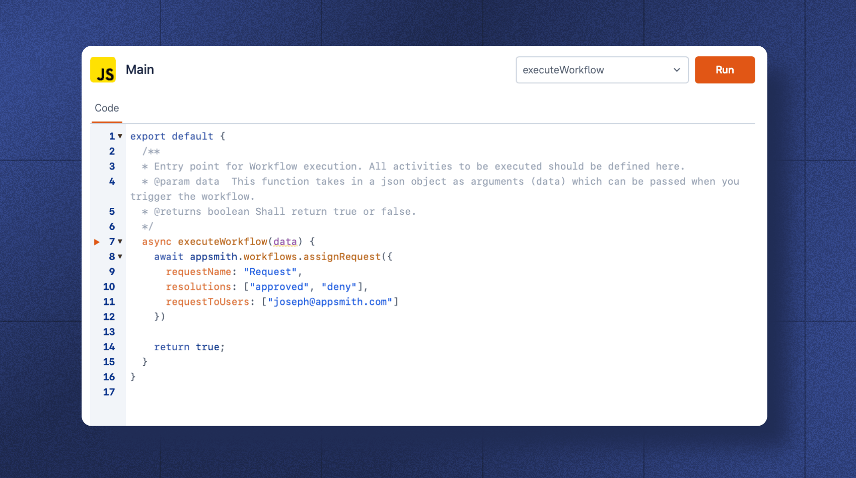 A screenshot of a JS workflow for Appsmith.