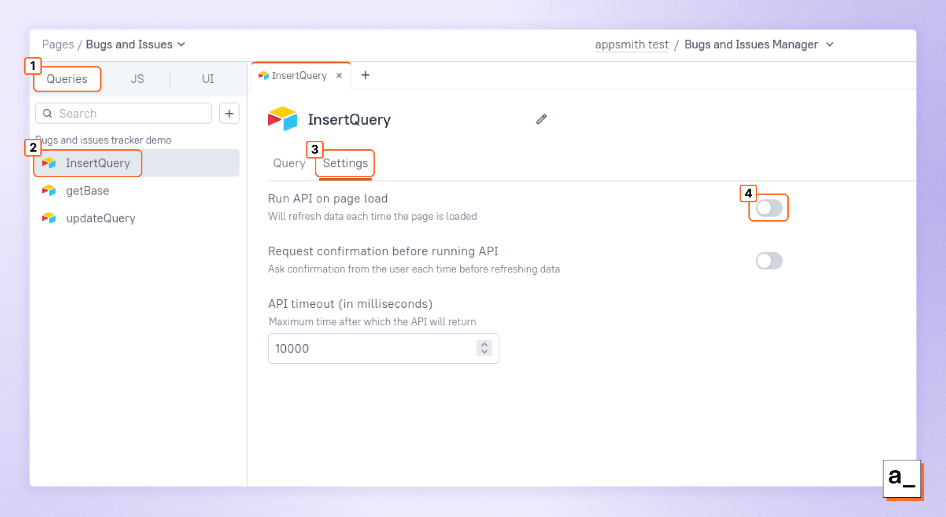 Screenshot showing Appsmith queries that run automatically on page load.
