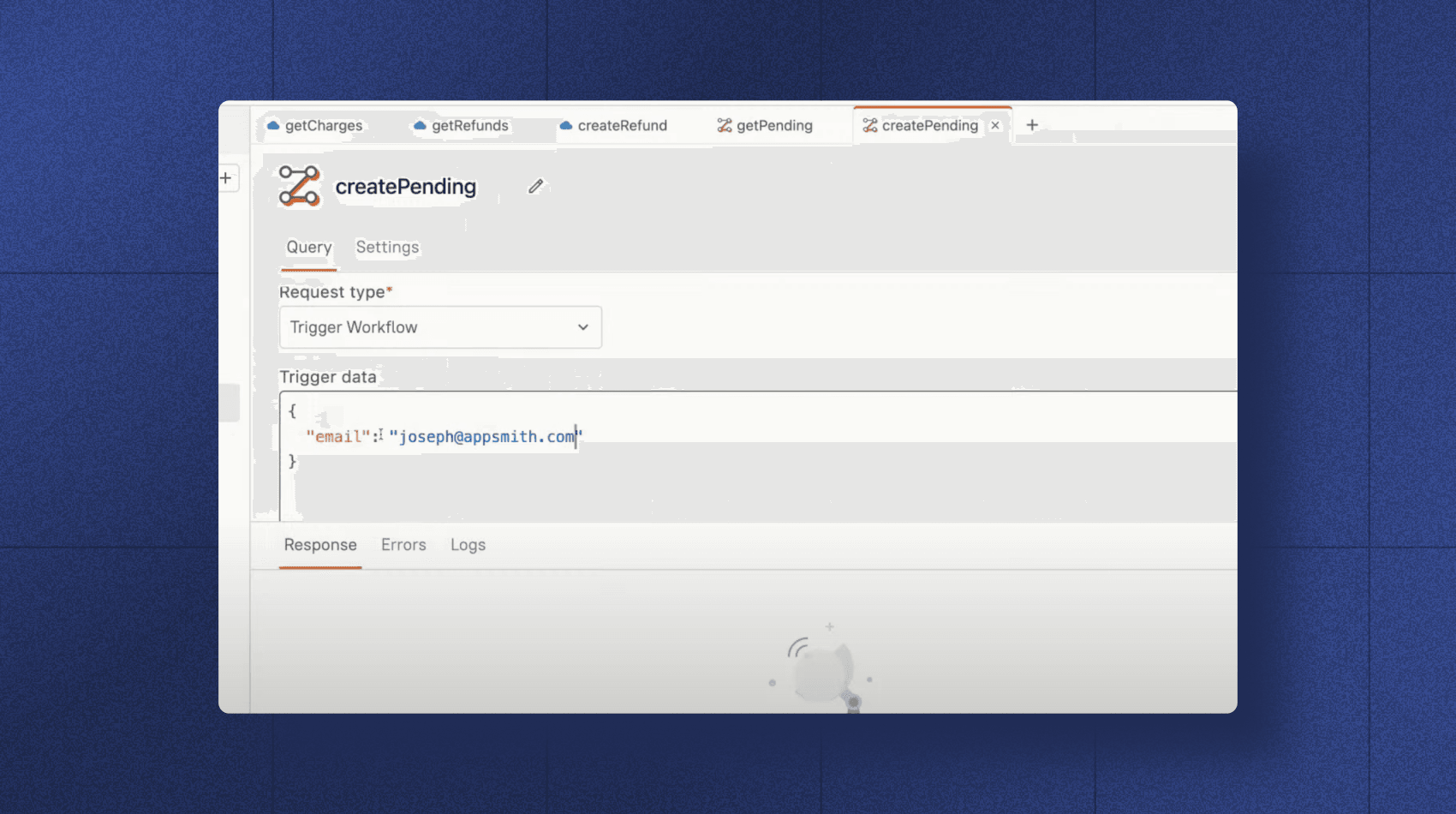 An image of the createPending workflow in Appsmith.