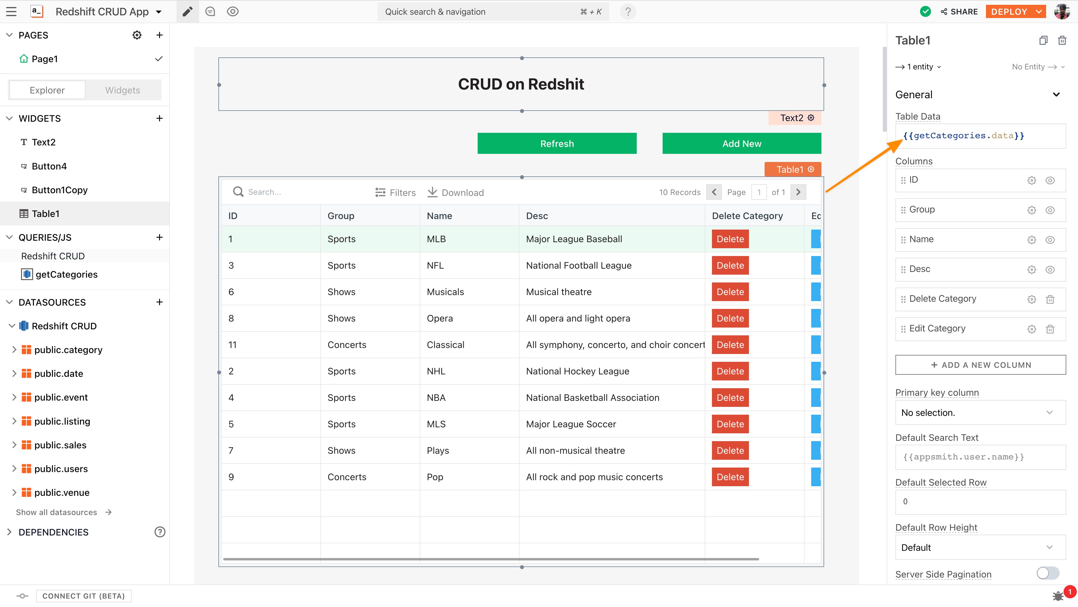 Using the Table widget to display data from your Redshift database