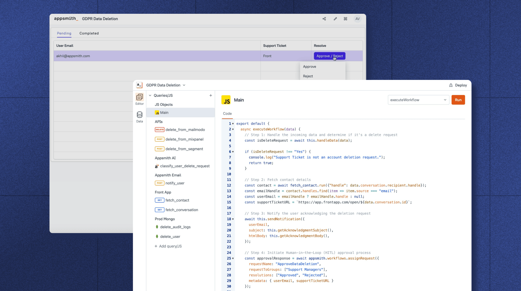 An image with a screenshot of a GDPR Data deletion Appsmith app and Appsmith workflows.