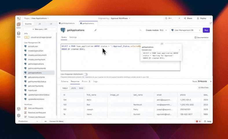 Screen recording showing Appsmith’s UI Builder