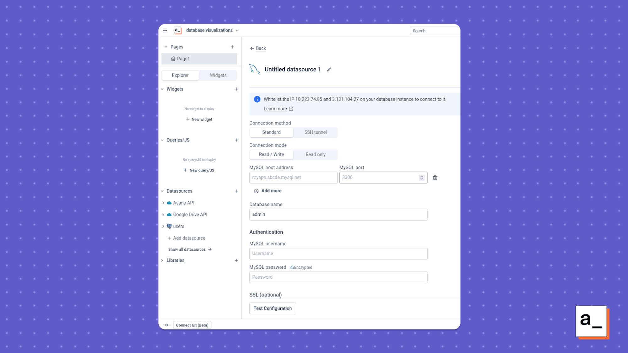 A screenshot showing the credentials page when adding a live datasource in Appsmith.