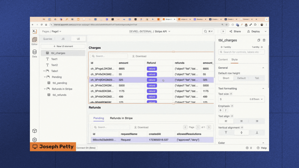 A gif showcasing how to modify the "Refund" button functionality in our charges table in Appsmith
