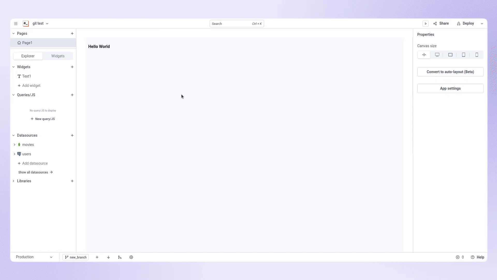 Recording showing a typical workflow using Git in Appsmith.