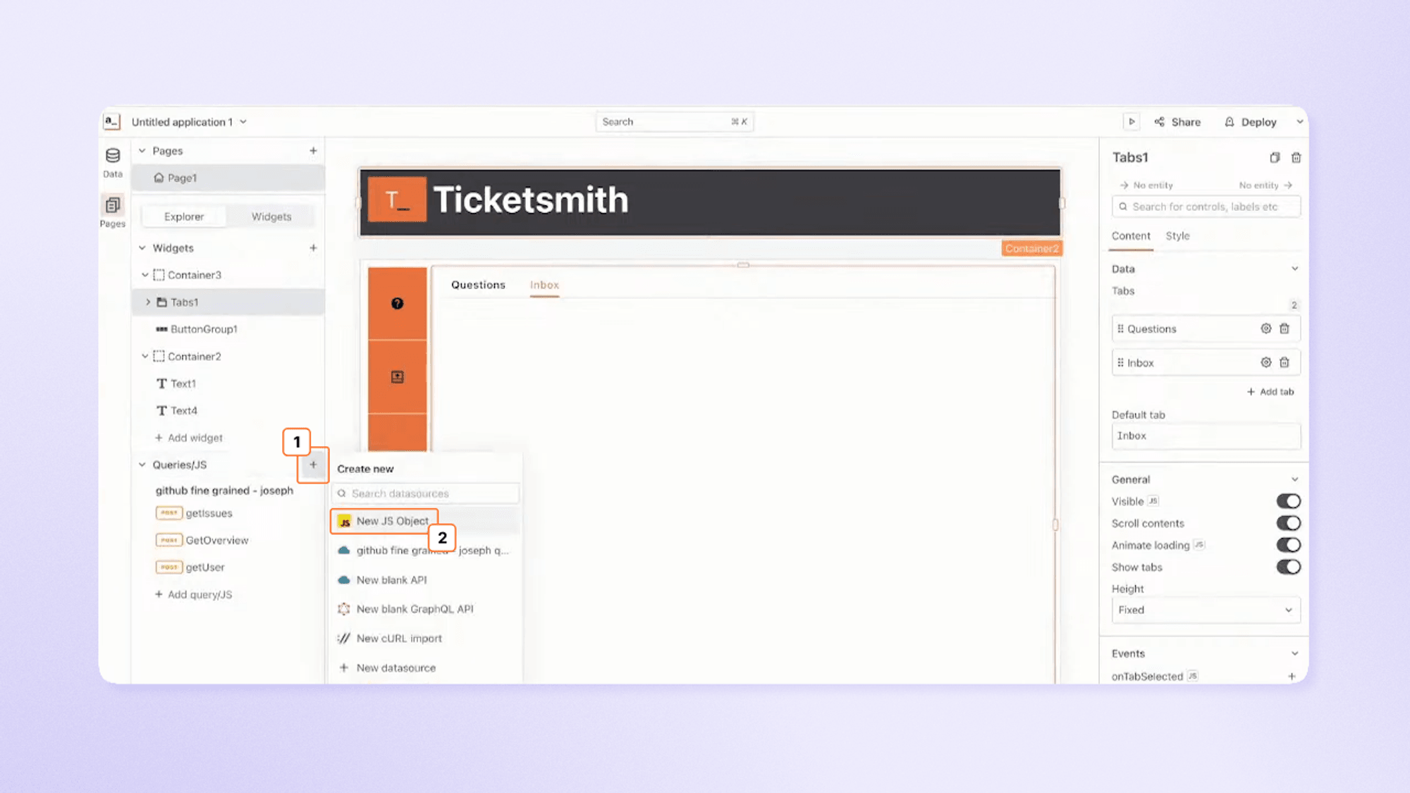 Image showing how to add a JS Object to the UI in Appsmith.