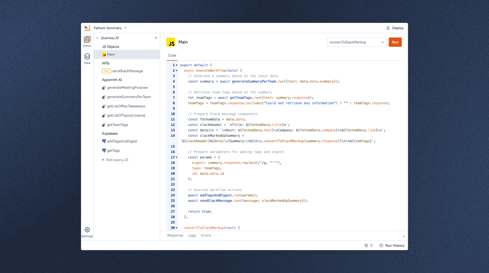 An image with a screenshot of Appsmith workflows.