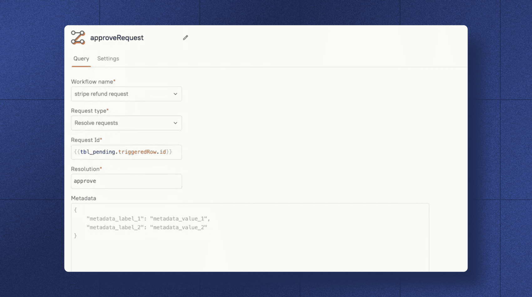 An image showcasing how to Create a new workflow query called approveRequest in Appsmith.
