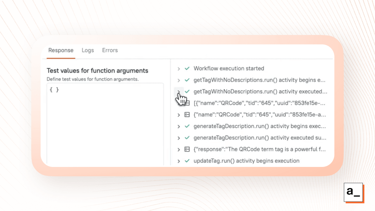 The execution log from an Appsmith workflow.