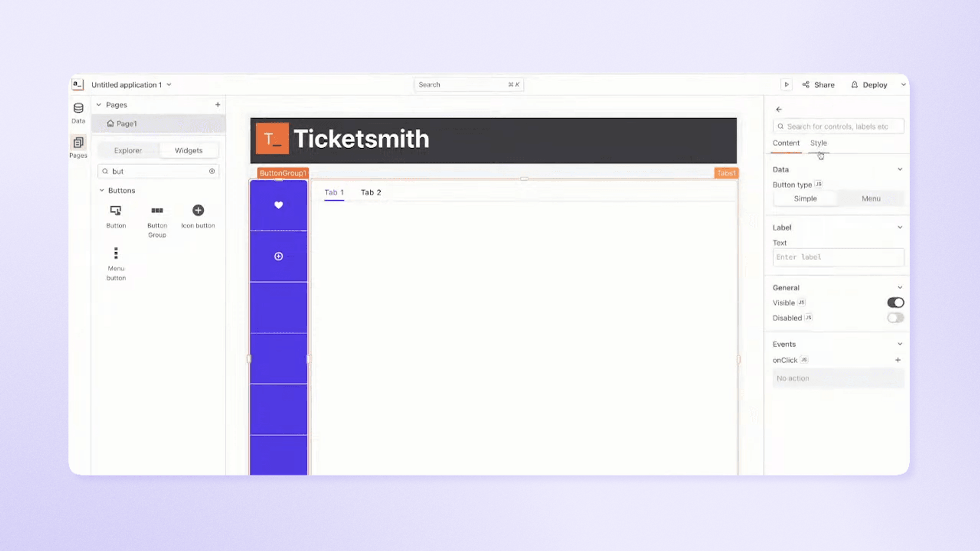 An image showing the button group widget paired with the tab widget in Appsmith.