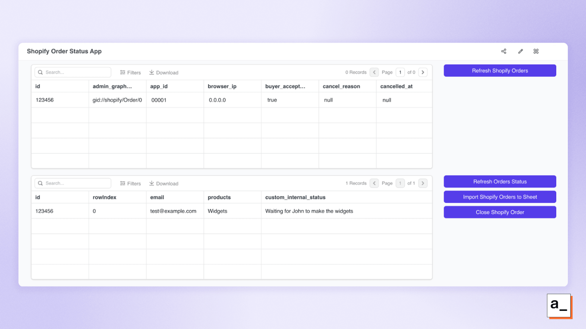 Screenshot of the Appsmith Shopify admin dashboard.