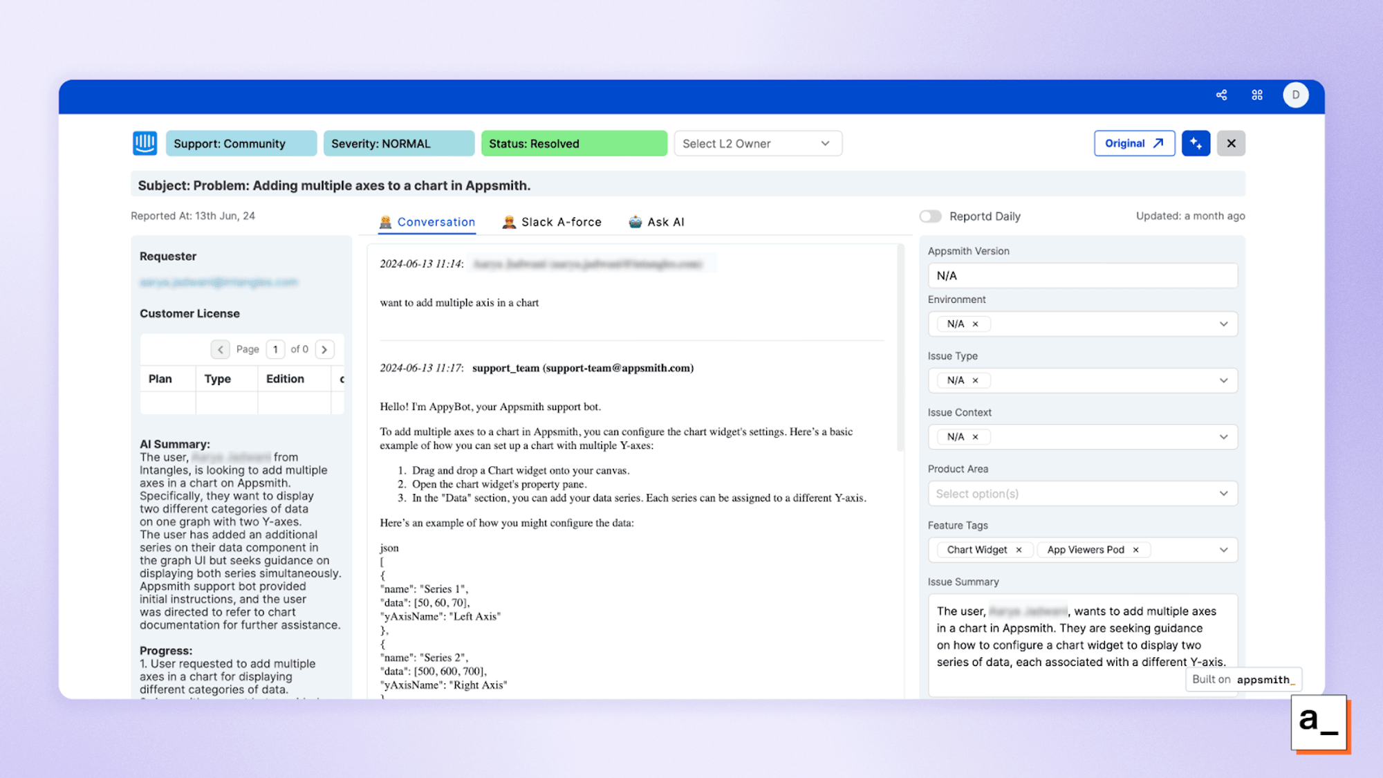 Screenshot showing the entire customer conversation available in Appsmith’s customer support app.