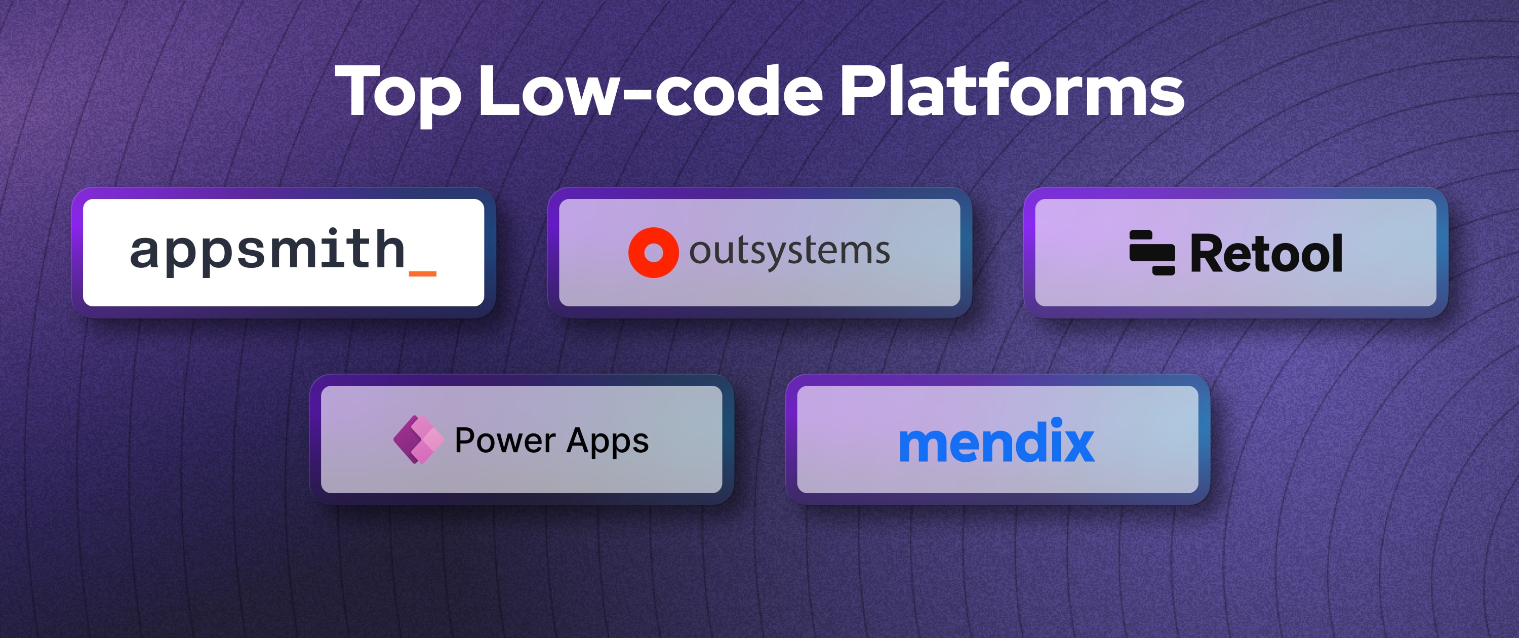 An image with purple background and many low code platforms logos including Appsmith's, Retool, OutSystems, Power Apps, and Mendix.