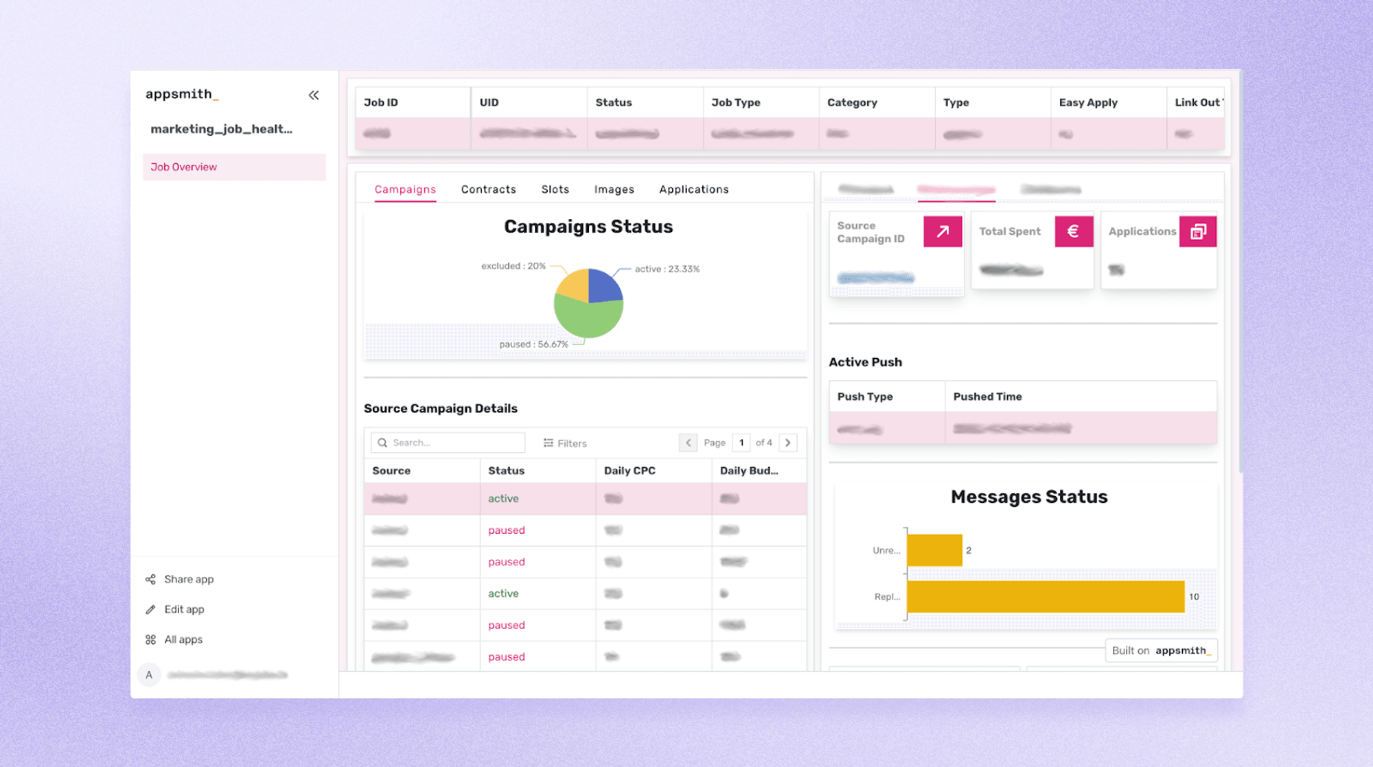 A purple background with a screenshot of Marketing Job Health application