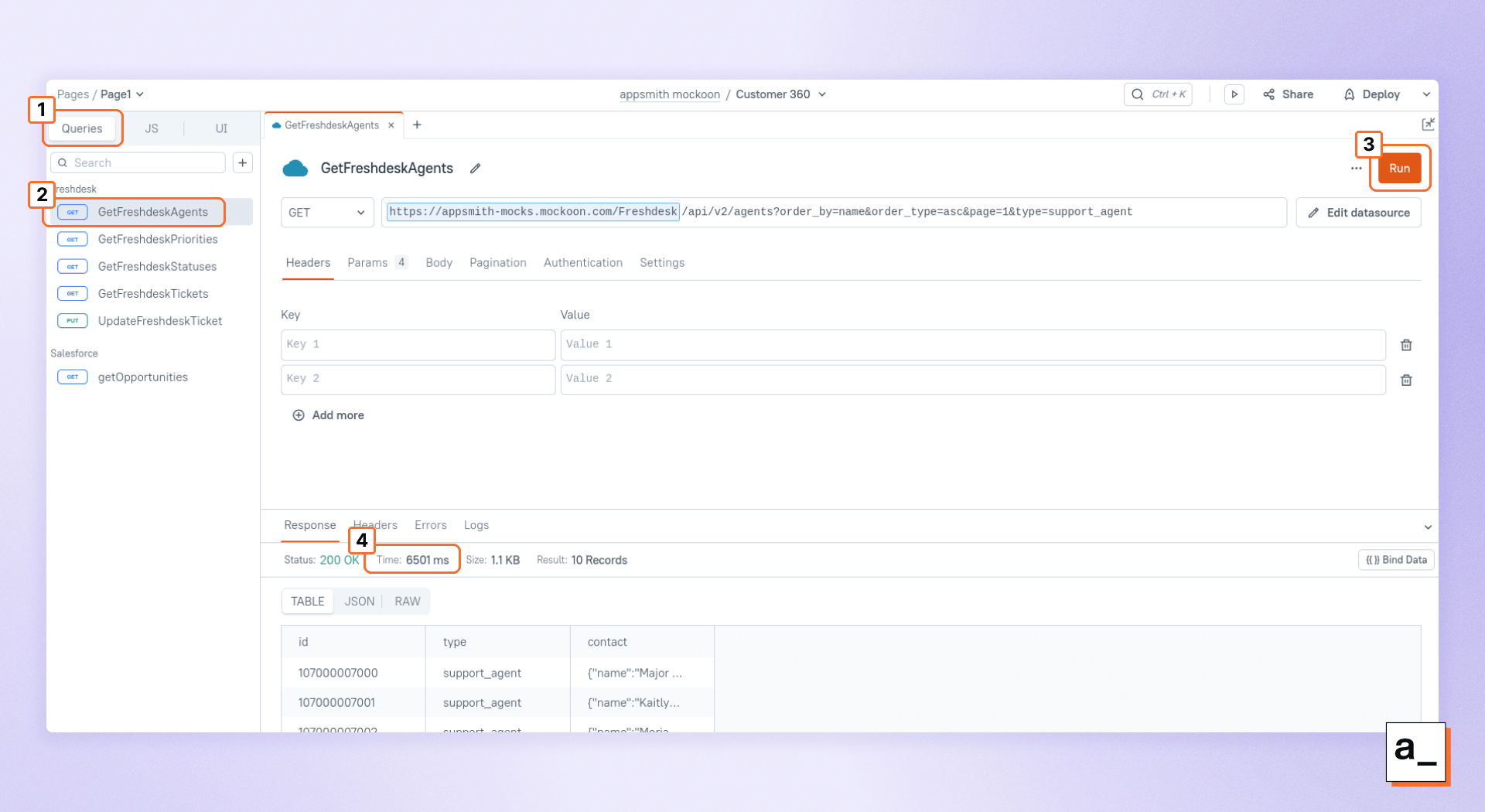 Screenshot showing how long a query takes in the Appsmith Query pane.