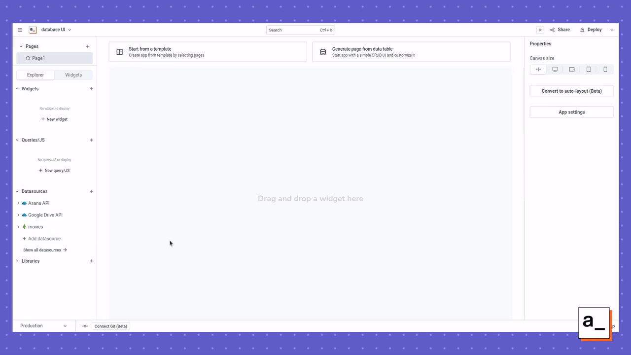 A screen recording showing how to use the “Generate new page” feature in Appsmith, which automatically creates a front-end CRUD UI from a database.