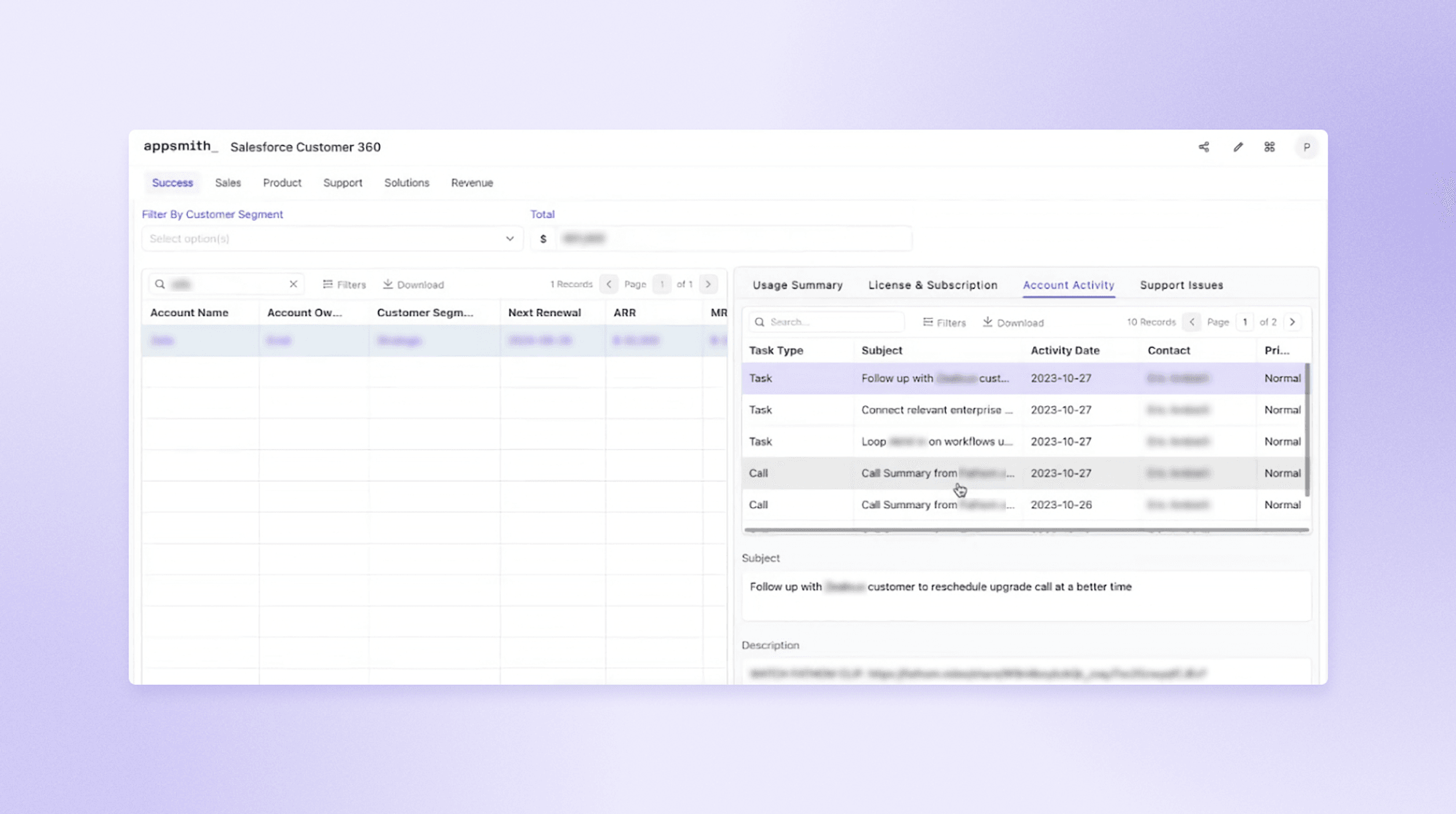 Image showing the timeline of customer support conversations for a specific customer with links to more detailed support tickets.