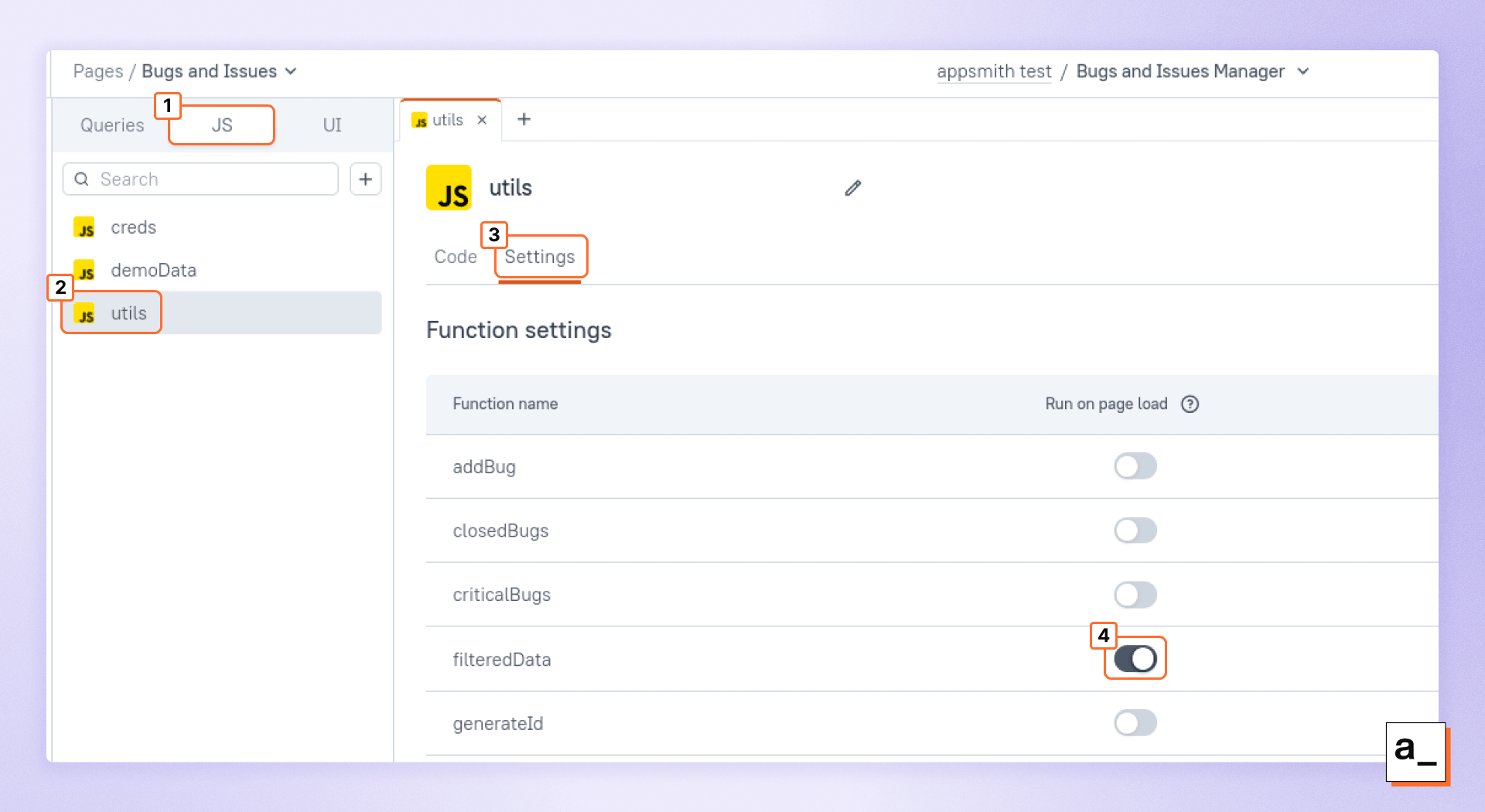 Screenshot showing Appsmith JS Object functions that run automatically on page load.