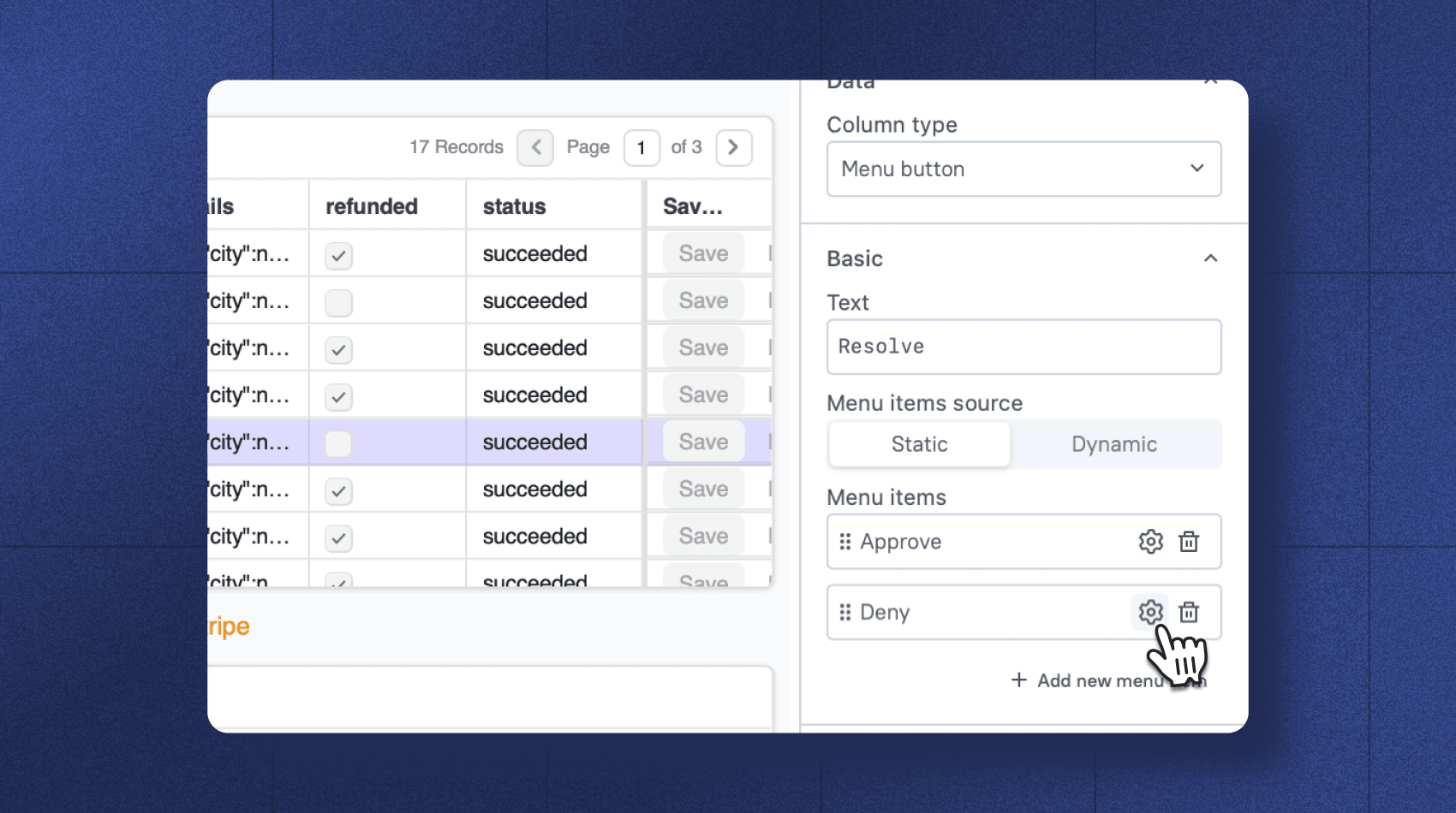 An image showing how to connect the denyRequest workflow to the deny button in our pending table UI in Appsmith.
