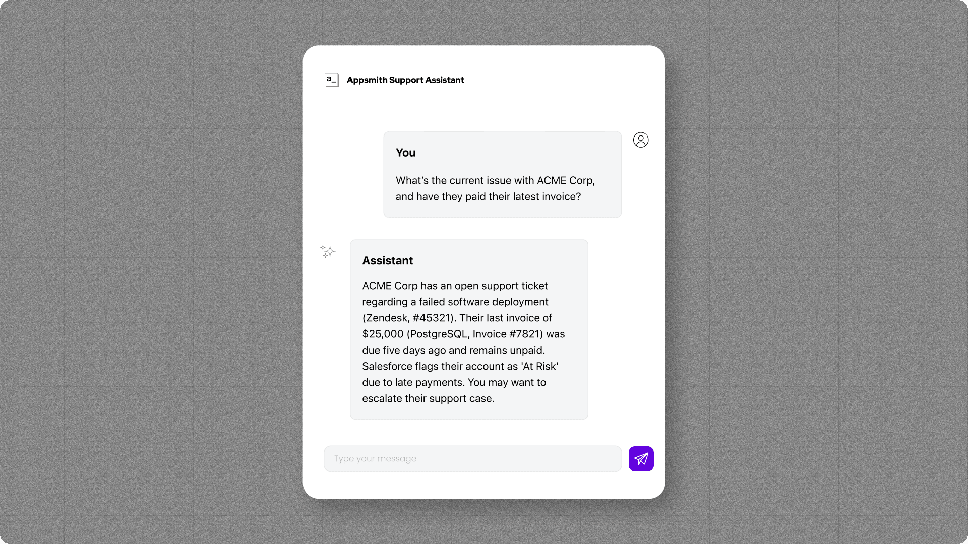 A screenshot of a chat exchange between a user and an AI tool discussing Acme Corp and its support issues.