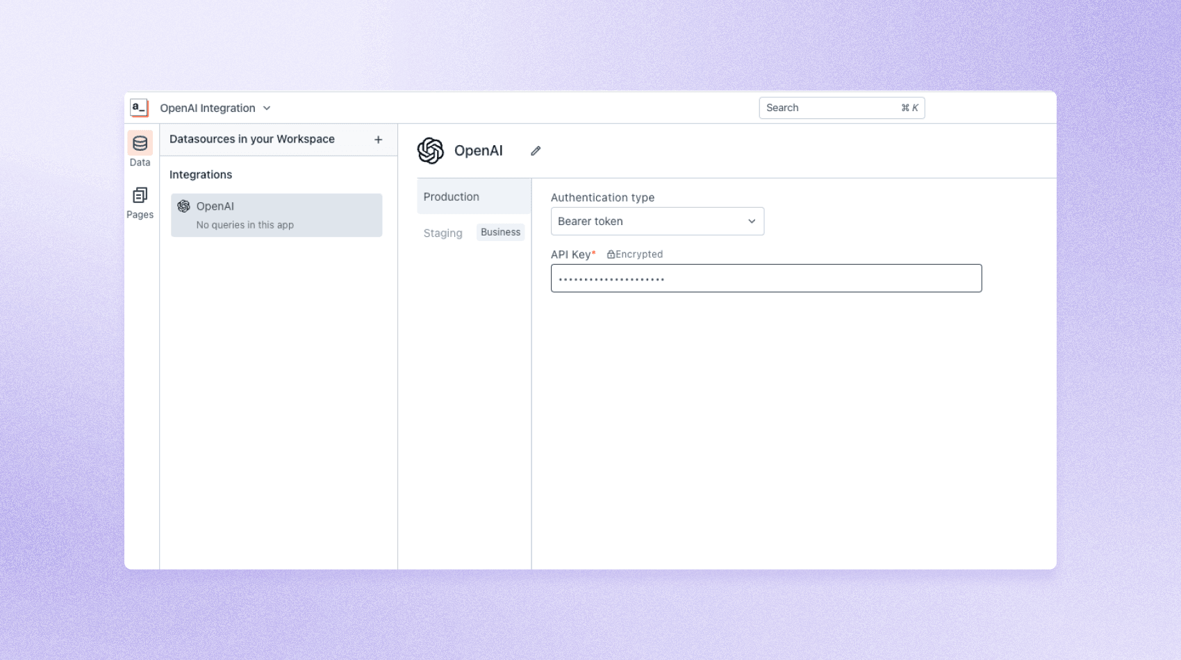 App dashboard screen with OpenAI datasource in the Datasource tab