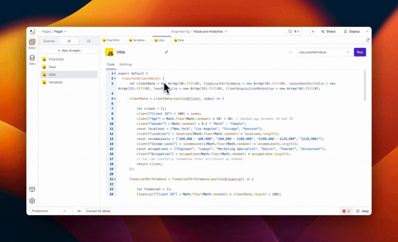 Screen recording showing Appsmith’s JavaScript IDE