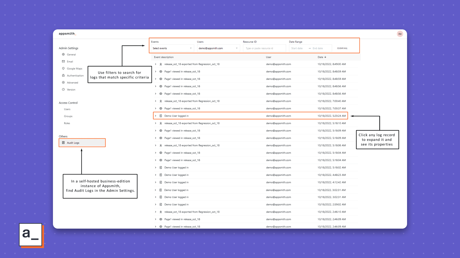 Parts of the Audit Logs screen that help quickly get to RCA