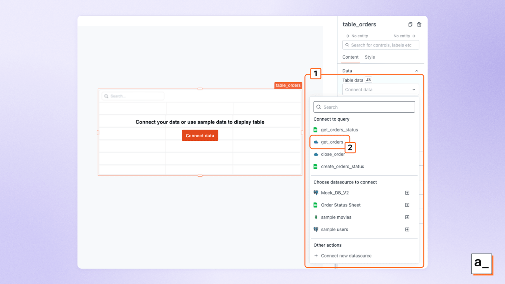Connecting a new table UI element to a datasource.