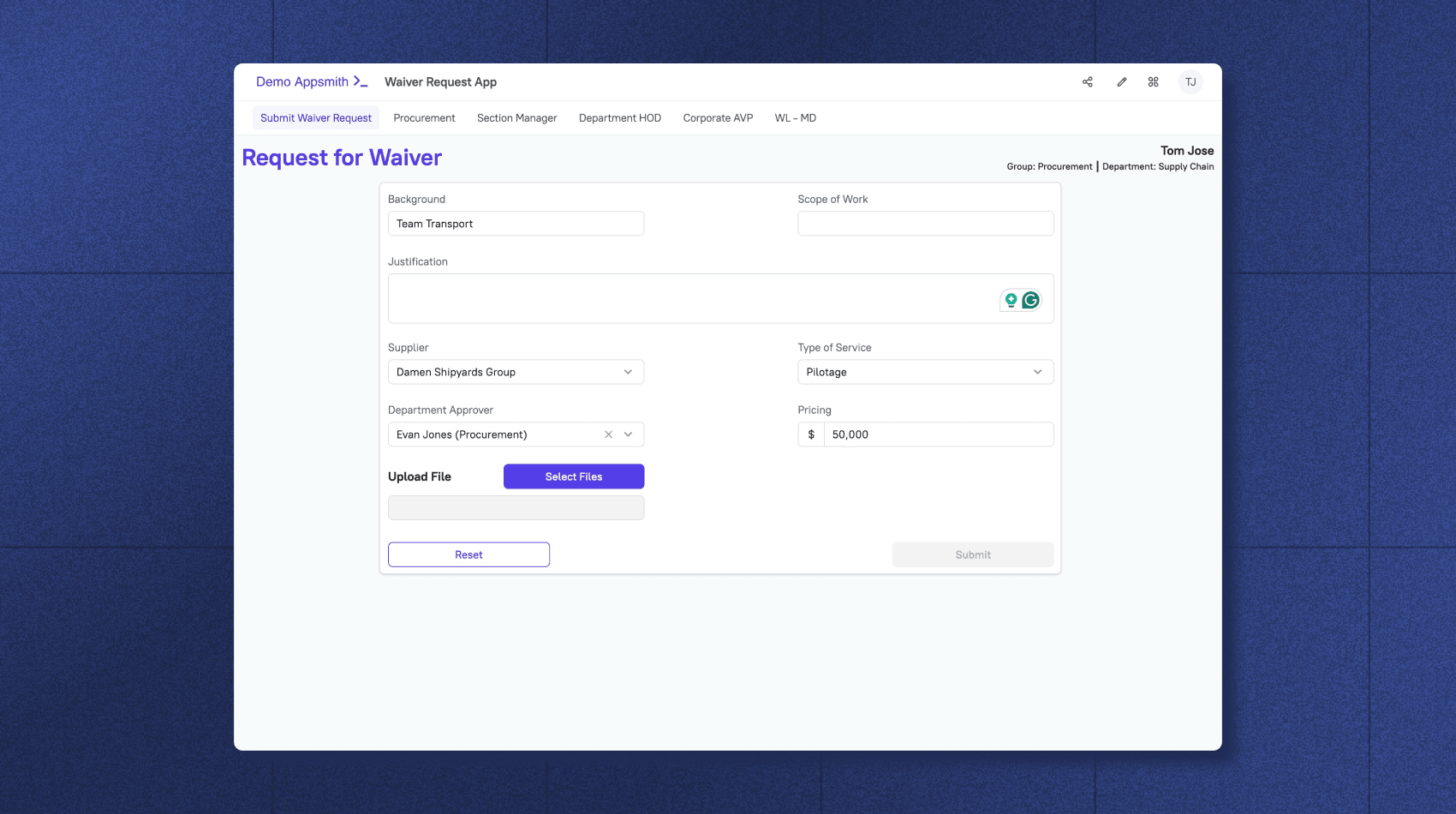 An image with blue background and a screenshot of a procurement approval app using Appsmith.