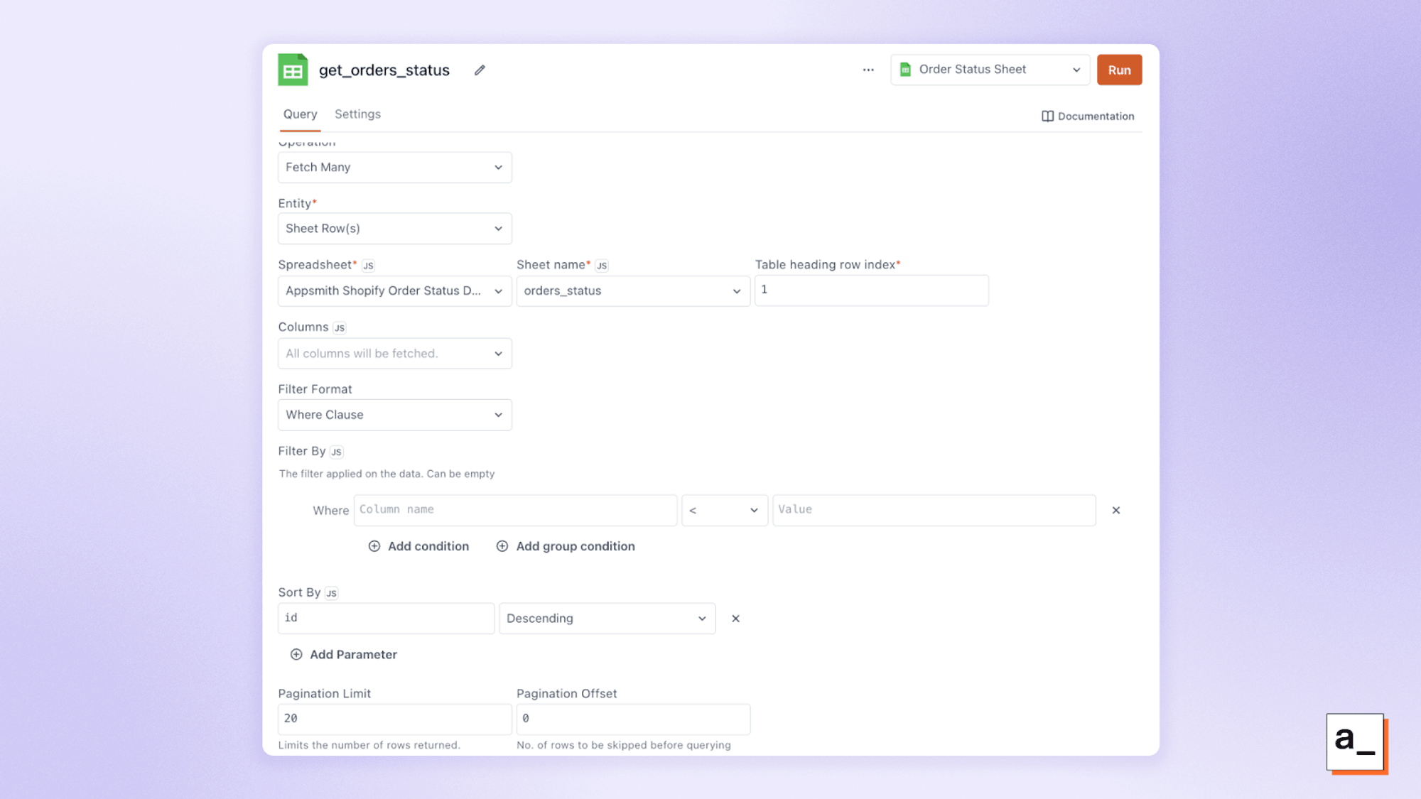 Screenshot showing settings for a Google Sheets query in Appsmith.