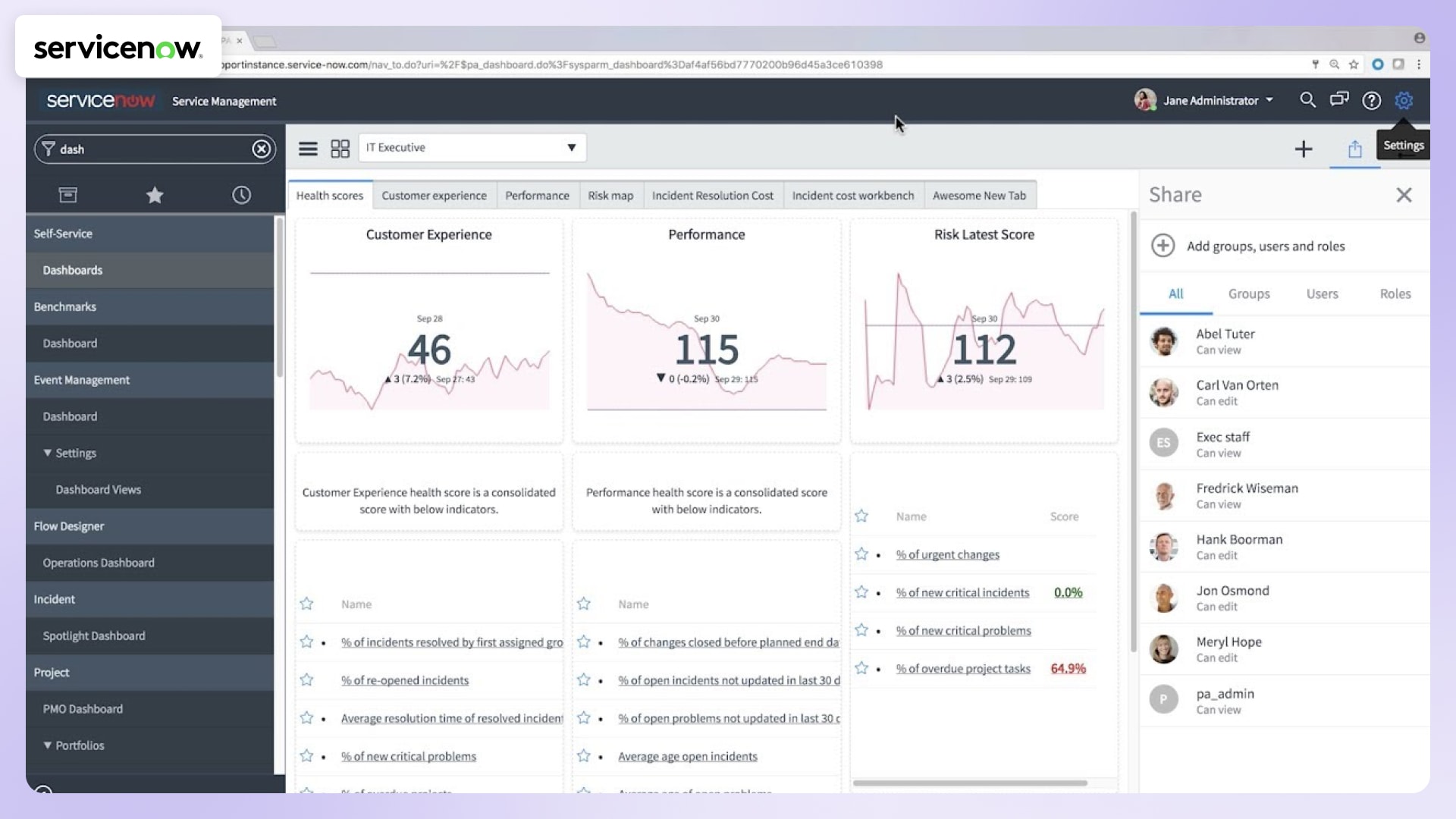 An image with lilac background and a screenshot of ServiceNow admin panel.