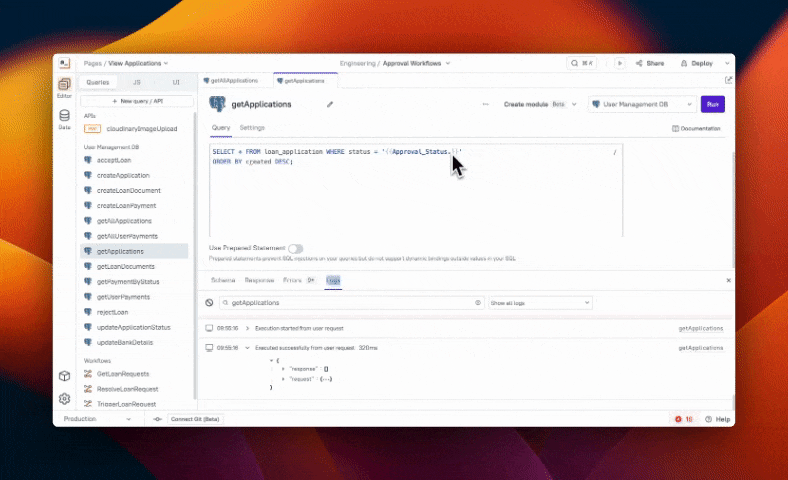 Screen recording showing Appsmith’s Query functionality