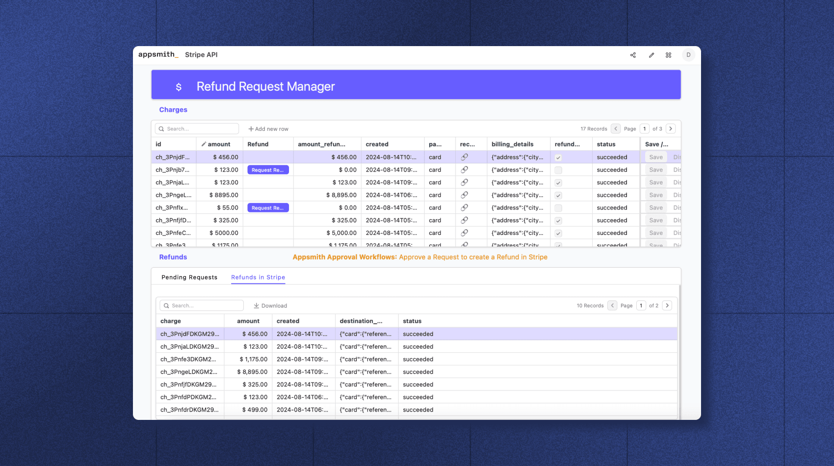 An image with a screenshot of an Appsmith app connected through Stripe API to manage refunds.