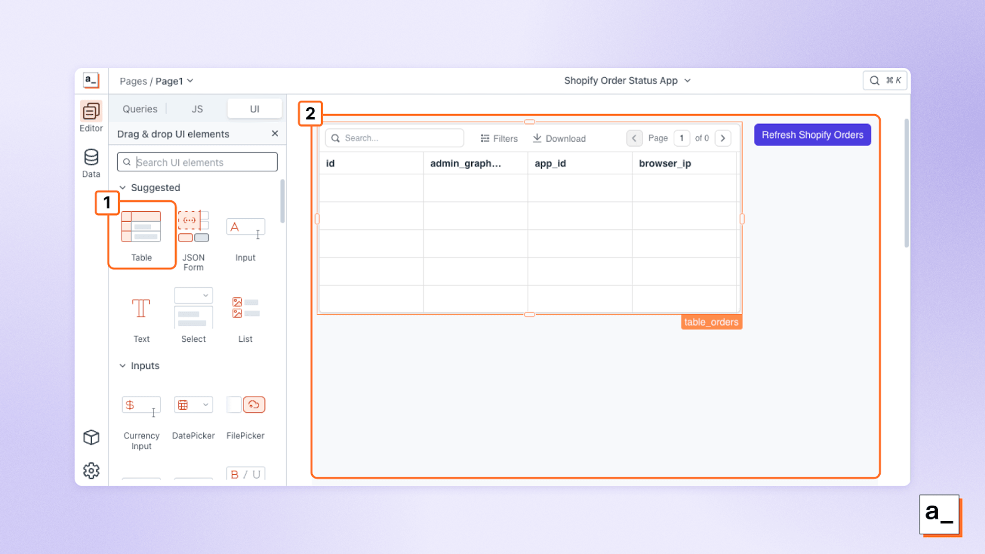 Creating a table for Shopify order data in Appsmith.