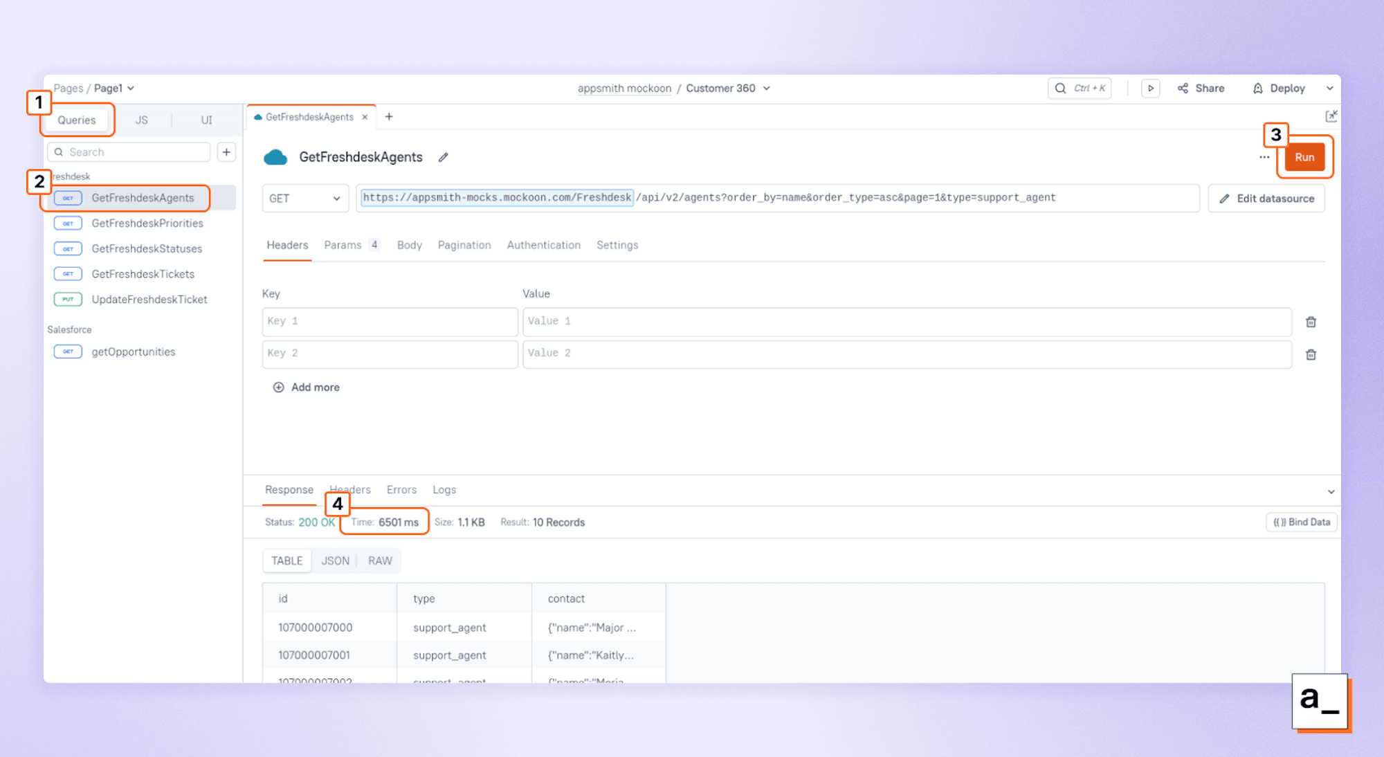 Screenshot showing how long a query takes in the Query pane of Appsmith’s editor.