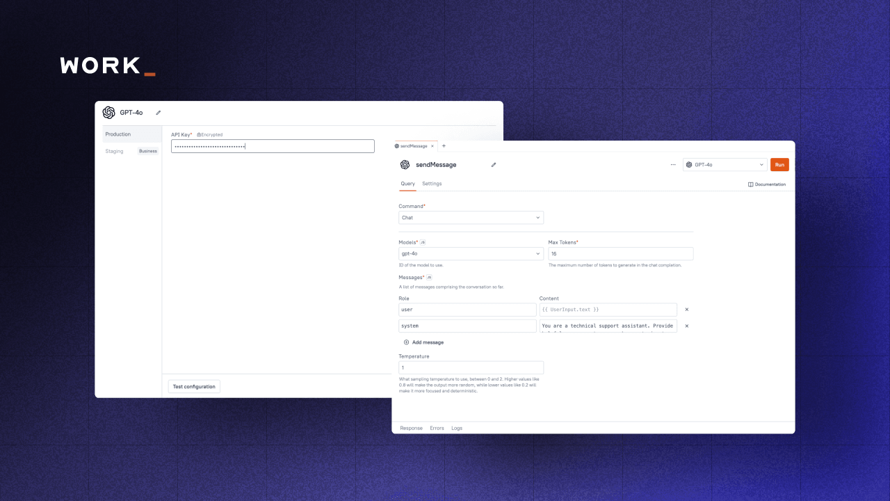 An image with blue background and two screenshots of the LLM data sources in Appsmith